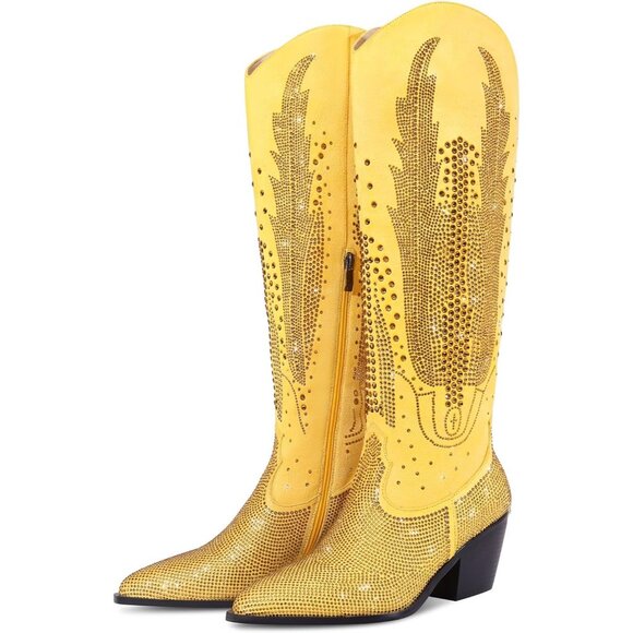 Women Polyurethane Yellow Knee High Pointed Toe Chunky Heel Rhinestone Boot - Picture 1 of 6